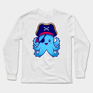 Cute Pirate Octopus With Eyepatch Cartoon Long Sleeve T-Shirt